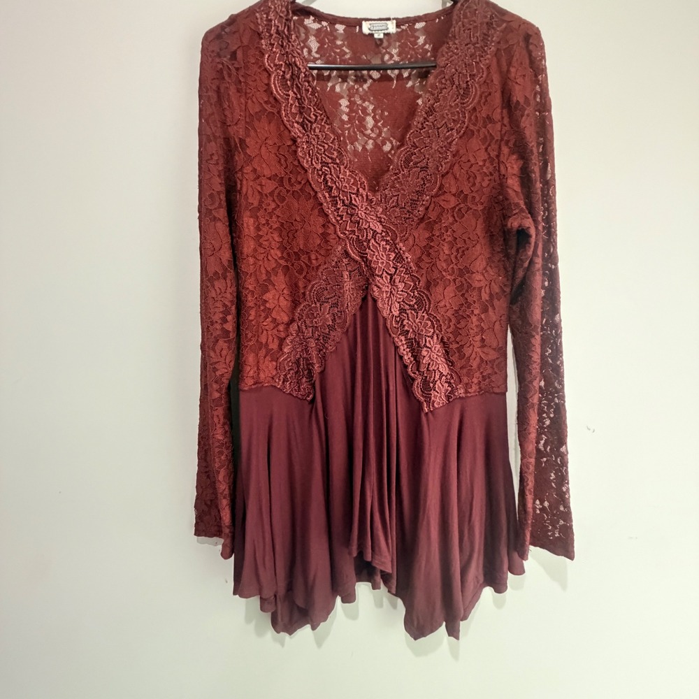 Gimmicks Lace Peplum Top Women Medium Brown Stretch Flowy Fairy Whimsigoth